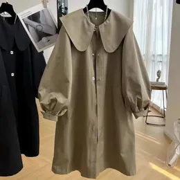 여성 트렌치 코트 가을 한국어 느슨한 디자인 대형 간단한 재킷 옷깃 싱글 가슴 랜턴 슬리브 사랑스러운 여자 아웃복 240315