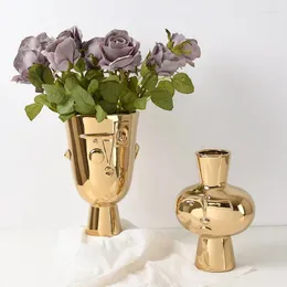 Vase Gilded Ceramic Vase Abstract Face Decoration Hydroponic containerリビングルーム本棚人間の頭部植木鉢家飾り