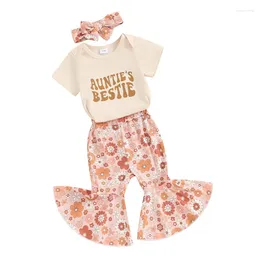 Set di abbigliamento Zie, vale a dire vestiti per bambini Ragazza zia che dice lettera Pagliaccetto Camicia floreale Pantaloni svasati Fascia per capelli 3 pezzi Vestito