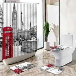 Duş Perdeleri London City Manzara Perdesi Retro Büyük Ben Kırmızı Telefon Booth Street View Slip Olmayan Kaide Halı Tuvalet Kapağı Banyo Seti Y240316