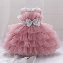 Flauschige rosa Kleinkind-Hochzeitsparty-Kleider für Babys im Alter von 28 Jahren mit Pailletten, Schleife, Tüll, Taufe, Geburtstag, Prinzessin, Kleid, Spitze, Sommer 240311