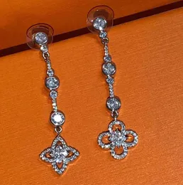 S925 Sterling Silver Hollow Clover Designer arring arring arms reings Shining Zircon Crystal Long Long Luck