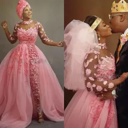 Pink Nigerian African Wedding Dress Jumpsuit med löstagbart tåg 2024 Plus Size Sheer Jewel Neck 3d Floral spets tyll brud Dres