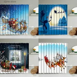 Cortinas de chuveiro Feliz Natal Cortina de chuveiro Cartoon Santa Sleigh Rena Night View Ano Novo Feriado Banheiro Cortinas impermeáveis Decoração de casa Y240316