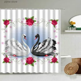 Cortinas de chuveiro amor rosa cisne cortina de chuveiro romântico flor vermelha casal menina casa banheiro decoração de parede com tela de gancho presente de férias lavável y240316