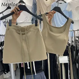 Neploe 2024 Summer Korean Simple Sports Style Solid Color Two Piece Set Femme Slim Fit Short Tank Top Elastic Waist Casual Pants 240311