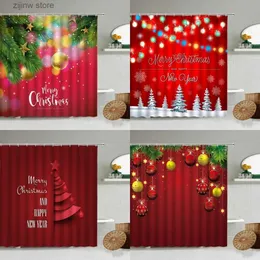 Cortinas de chuveiro vermelho feliz natal cortina de chuveiro ano novo banheiro temático bolas de árvore de natal feriado poster presente decoração de casa com tela de gancho y240316