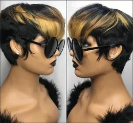 Ombre Blonde Color Short Wavy Bob Pixie Cut Wig Full Machine Made Non Lace Front Human Hair Wigs For Black Woman6292474