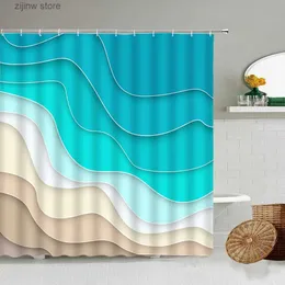 Zasłony prysznicowe Turkusowe Brązowe Kremowe zasłony prysznicowe plaża Geometryczna Kreatywna Streszczenie Art Ombre Striped Sets Sets Hooks Dekorat łazienki Y240316