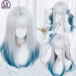 Msiwigs kvinnor syntetiska lolita peruk lång rak ombre två ton silvergrå blått hår för cosplay med lugg 240305