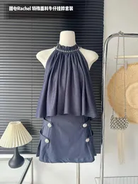 Vestidos de trabalho verão 2024 corrente superior e prata fivela denim saia conjunto para mulheres halter pescoço jean terno de duas peças