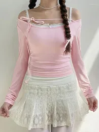 Camiseta feminina doce renda slash neck camiseta rosa kawaii manga comprida tops primavera casual y2k estética roupas fofas coreanas 2024