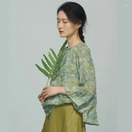 Koszulki damskie johanature kobiety w chińskim stylu Ramie T-shirty 2024 Spring Print Floral Siedem rękawów luźne guziki vintage