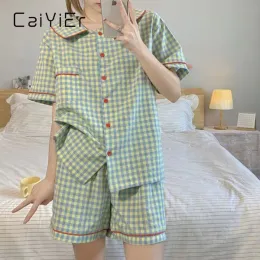 Sleepwear Caiyier Grid Green Mulheres Pamas Conjunto de verão menina coreana doce roupas de noite macia Casual Sleepwear feminino japonês chique em casa roupas