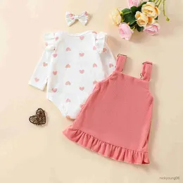 Clothing Sets Summer Elegance 3PCS Adorable Love Long Sleeves Suspender Dress Set - Comfortable Medium-Stretch Machine-Washable for Baby G