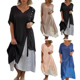 Partykleider Damenkleid Stilvolles Damen-Midikleid mit V-Ausschnitt, Knopfdekor, zweiteiliges Kontrastfarbendesign, weich, atmungsaktiv, für den Sommer