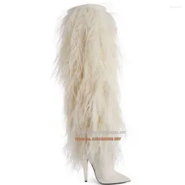 ブーツ先の尖ったつま先のスティレットのかかと膝の高い色ブロック白い毛皮長い女性冬のヒールエレガントなキャットウォークパーティーシューズ