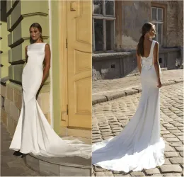 2024 sereia vestidos de casamento bateau pescoço sem mangas cetim vestidos de noiva feitos sob encomenda sem costas trem varredura vestido de casamento robe de mariee