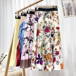 Dresses Summer Printed Long Pleated Skirts Floral Dotted Rainbow Gradient Aline Calf Long Spring Skirts