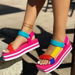 Sandals Plus Size 2024 New Color Matching Square Toe Sandals For Women Muffin With Thick Soled Velcro Beach Slippers T240316