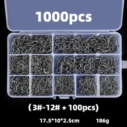1001000Pcs Fishing Hooks Set High Carbon Steel Barbed FishHooks for Saltwater Freshwater Gear Accessories 240313