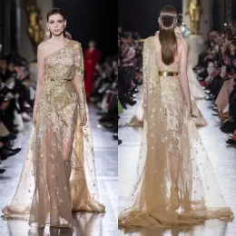 Elie Saab 2024 Abiti da sera Applicazioni dorate Una spalla Manica lunga Backless Abiti da ballo Abito formale per occasioni speciali Abendkleider