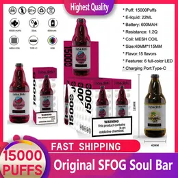 SFOG original 15000 puffs disposable e cigarettes vape puff 15k 22ml prefilled 1.0ohm mesh coil pod 6 RGB lights 600mAh battery rechargeable 15 flavors vapes vapor pen