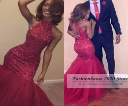 2020 Sparkly Red Mermaid African Prom Dresses High Neck Beading Crystal Tulle Sexy Backless Formal Evening Dress Pageant Vestidos Cus3154958