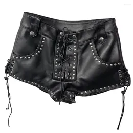 Women's Shorts YOLOAgain 2024 Spring Summer Real Leather Women Vintage Rivet Black