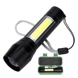 Mini lanterna, carregamento de luz forte, LED telescópico e de foco com luzes laterais, lanterna de liga de alumínio de emergência externa 990222