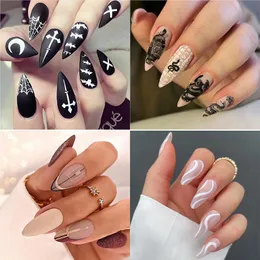 Fake Black Nail Long Ballet Reusable Adhesive Acrylic Press on set Nails Dark Acrylic Artificial False Nails Arts Tips 24pcs Expensive gel nail tips