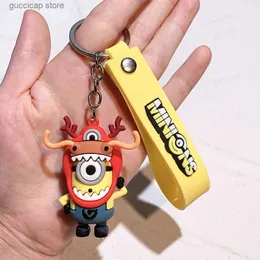 Keychains Lanyards Anime Minions Keychain 12 Chinese Zodiac Series Cute Cartoon Child Toy Key Ring School Bag Car Key Accessories for Women Gifts Y240316