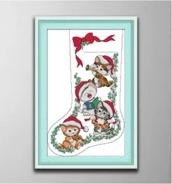 Kitten Jul Stocking Handmade Cross Stitch Craft Tools Embrodery Nålarbetet räknade tryck på duk DMC 14CT 11CT Home 5532880