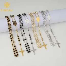 Hänge halsband fina4U rostfritt stål radband vita svarta pärlor halsband katolska med metall jungfru mary Jesus Crucifix