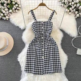 Vestidos casuais outono inverno houndstooth vestido mulheres espaguete cinta único breasted lã elegante mini vestido de verão