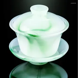 Fincan tabakları Çin klasik yeşim yeşili mürekkep porselen üç sadece kapak kase kristal berraklığında ve kalın cam çay seti aksesuarları