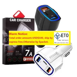 Caricabatterie per auto da 35 W 7A a 3 porte con tecnologia QC 3.0 Tipo C e caricabatterie rapido USB per telefono cellulare GPS Power Bank Tablet PC LL