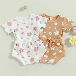 20230211 Lioraitiin 018M Kleinkind Baby Mädchen 2 Stücke Sommer Outfits Kurzarm Waffelstrick Blumen T-shirt Shorts Set 240314