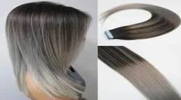 Balayage Ombre Color 2 Brown Fading to Grey Brazilian Remy Hair Glue Skin Weft PU Tape Hair Extensions 16 18 20 22 24inch5572405