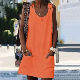 Vestidos casuais básicos sleless casual mini vestido cor sólida feminino praia bolso botão sundressc24315