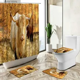 Duschvorhänge, Highland Cow, Duschvorhänge, Herbst, Land, Retro, altes Holz, Bauernhaus, Scheune, Landschaft, rutschfester Teppich, Toilettenbezug, Bodenmatten-Sets, Y240316