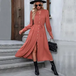 Casual Dresses Women'S Fashion Long Sleeve A-Line Skirt V-Neck Solid Color Dress Spring For Women 2024 Button Sukienki Damskie