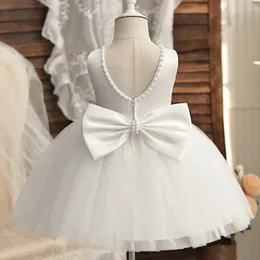 Infant Baby Baptism Dress For Girls Kids Wedding Party Dresses Bow Beaded Tulle Christening Gown Birthday Children Clothes 240311