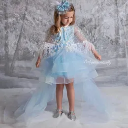 Vestidos de menina céu azul meninas concurso sem mangas crianças vestidos de aniversário com penas capa hi lo little pography