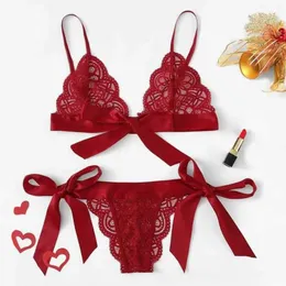 BRAS SET SEXY LACE BH BRICE SET LINGERIE Women Underwear Bowknot Wire Free Female Red Ultra-Thin Thong