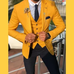 Suits Autumn New Custom Fashion Handsome Notch Lapel Mustard Yellow Men Suits Slim Fit Groomsmen For Wedding Dinner Party Male Costume