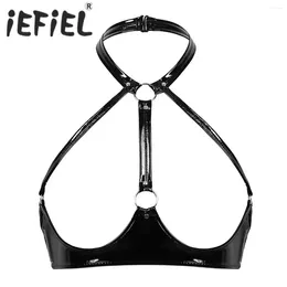 Bras Women's Wet Look Halter Neck Open Cups Bra Backless Exposed Breasts Nipples Top Bustier Wire-free Bralette Bikini