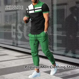 2 -stycken Set Outfits Mensbyxor Tracksuit 3D Printed Summer Street Clothes Jogger Sportwear Short Sleeve T Shirtlong Pants 240315