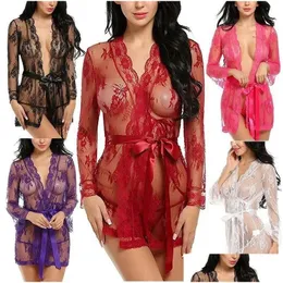 Sexig kjol Bras sätter kvinnor Y Lingerie See-Through Mesh Sleepwear Spets Transparent vår- och sommarkvinnor Robe Bathrobes Drop Deliver Otn8q