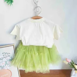 Set di abbigliamento 2023 Primavera Estate Nuovi set di abbigliamento per ragazze Fiore Decalcomania Ricamo Top a manica corta + Gonna in rete 2 pezzi Moda per bambini Outfit